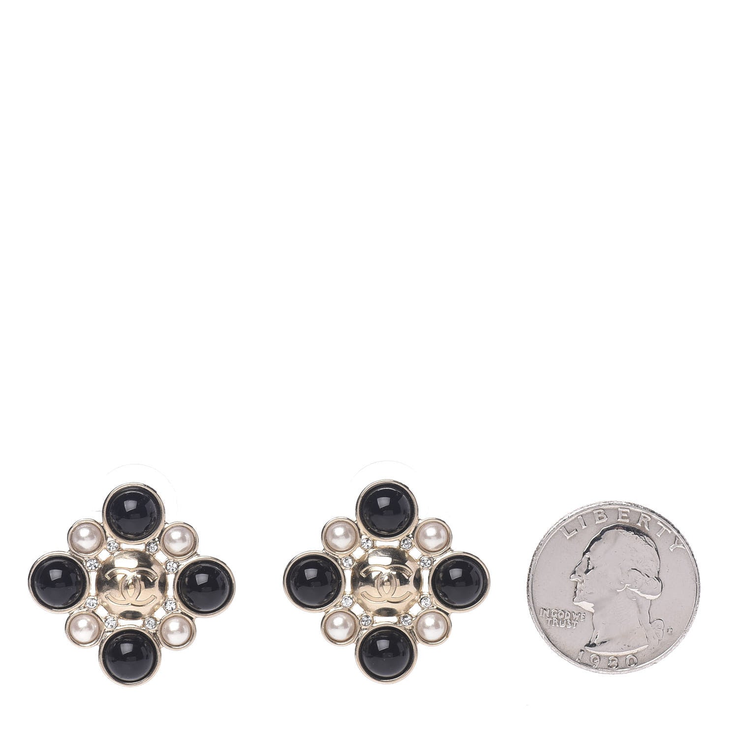 Chanel Gripoix Poured Glass Pearl Crystal CC Earrings Black Gold 2 of 5