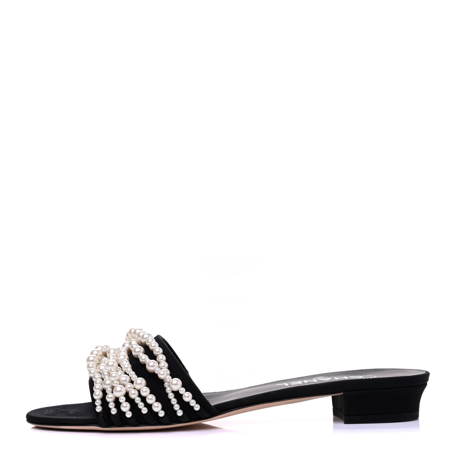 Satin Pearl Flat Sandals 40 Black