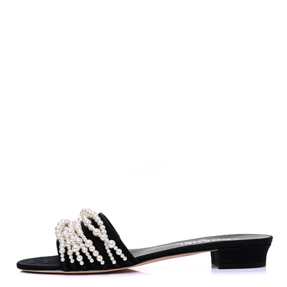 Chanel Satin Pearl Flat Sandals 40 Black 1 of 11