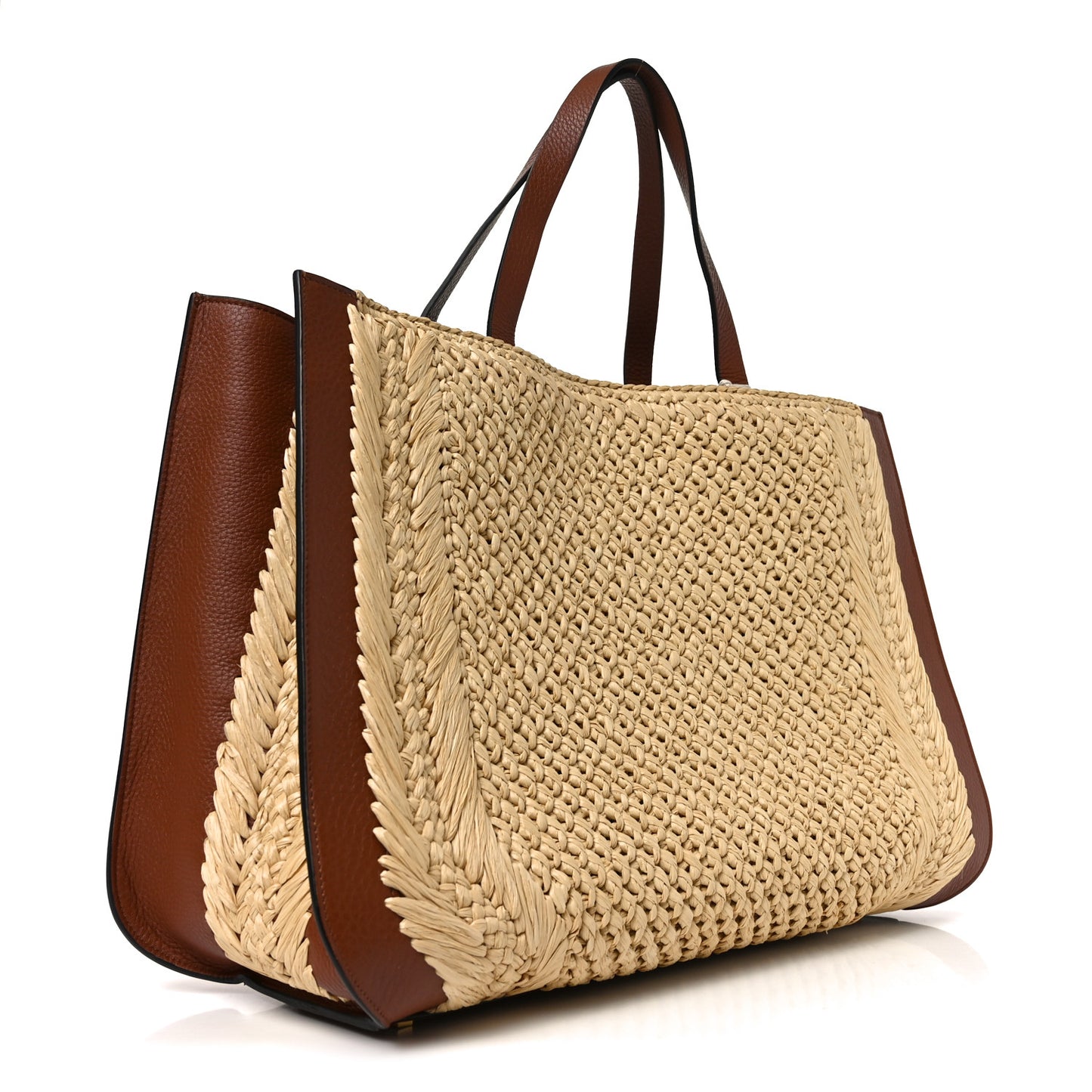 Raffia Calfskin Vlogo Tote Naturale Saddle Brown