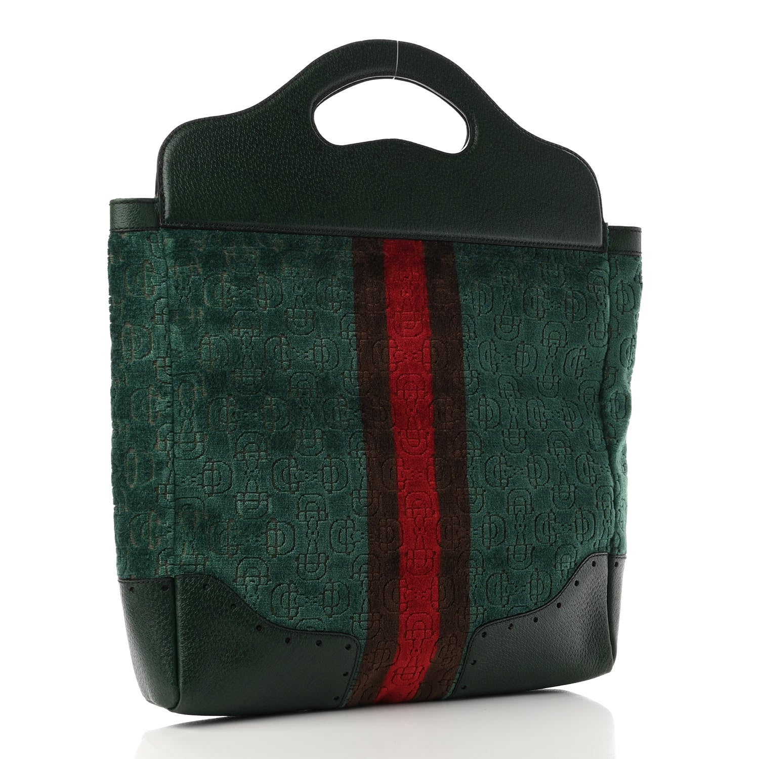 Gucci Velvet Horsebit Embossed Large Punch Top Handle Tote Green 3 of 9