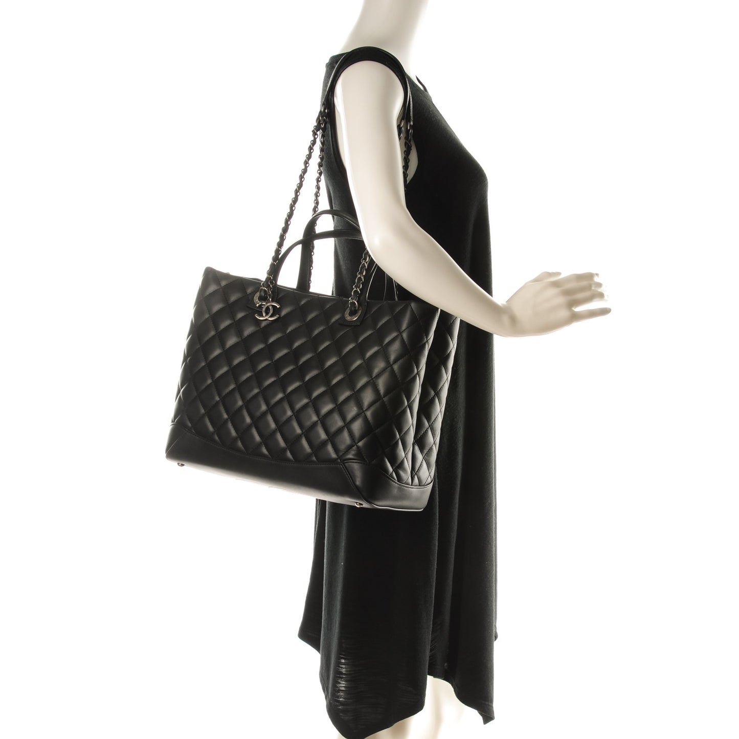 Calfskin Quilted Large Easy Shopping Tote Black