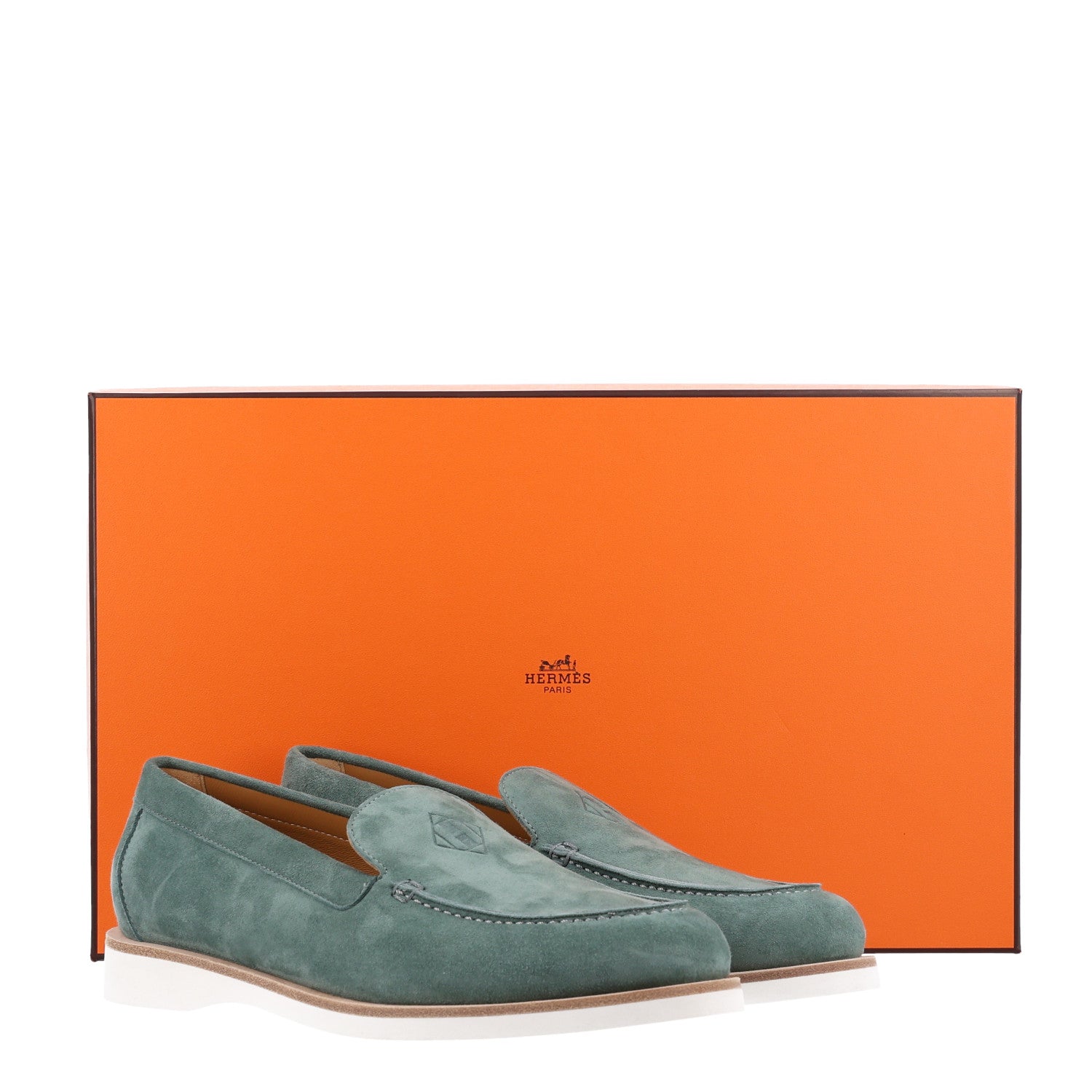 Hermes Suede Calfskin Womens Low Loafers 38 Vert Cedre 3 of 11
