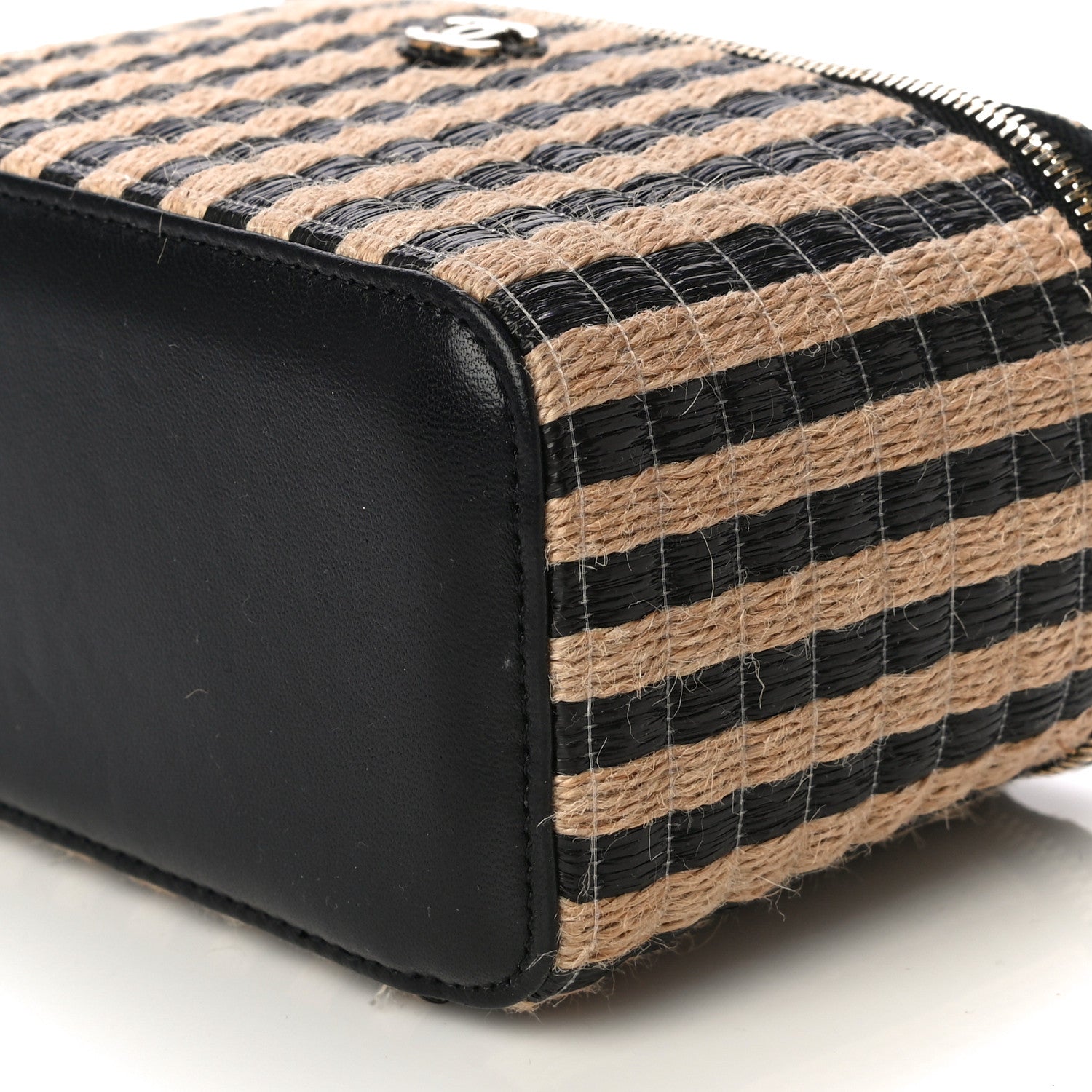 Chanel Raffia Jute Striped Small Vanity Case With Chain Black Beige 10 of 14