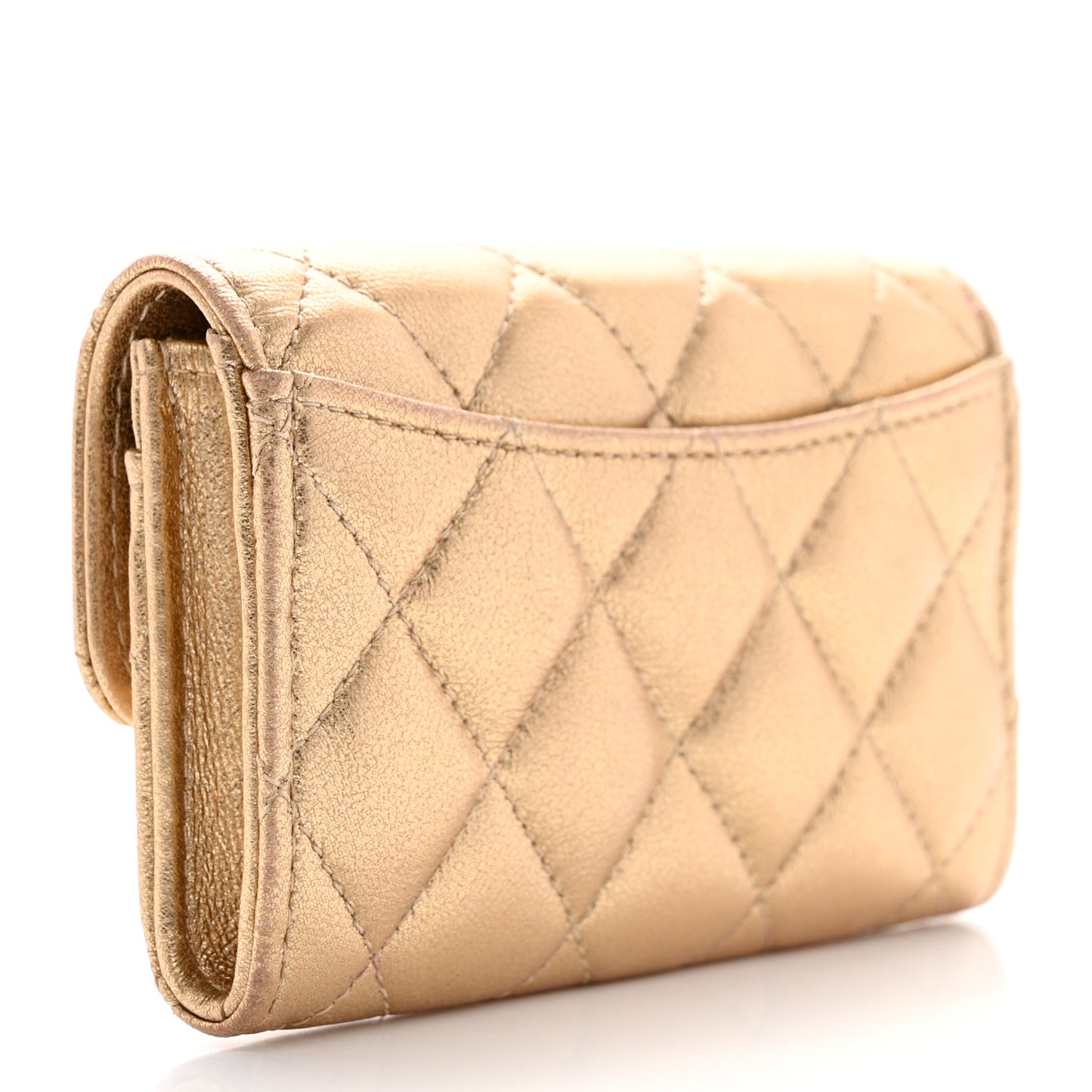 Metallic Lambskin Quilted Flap Card Holder Wallet Gold