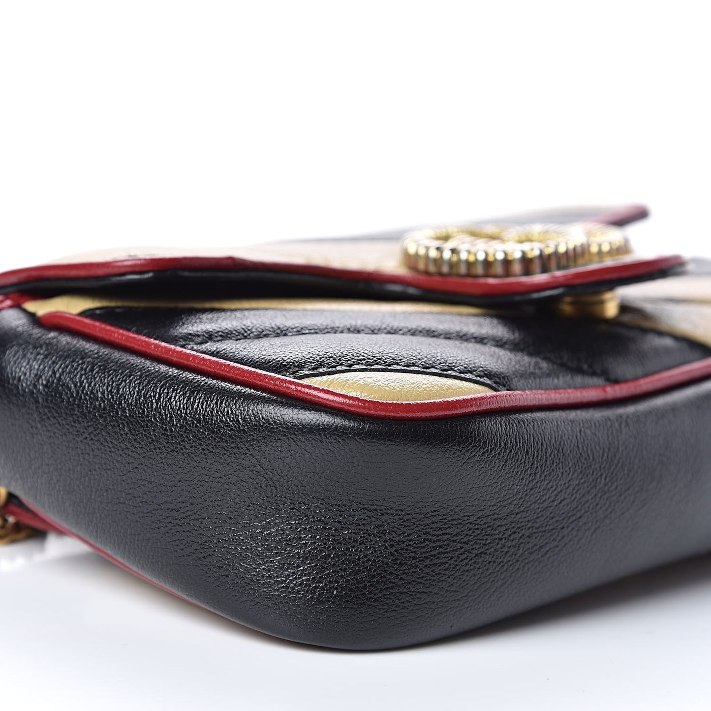 Vintage Effect Calfskin Matelasse Diagonal Striped Super Mini Torchon GG Marmont Shoulder Bag Black Beige