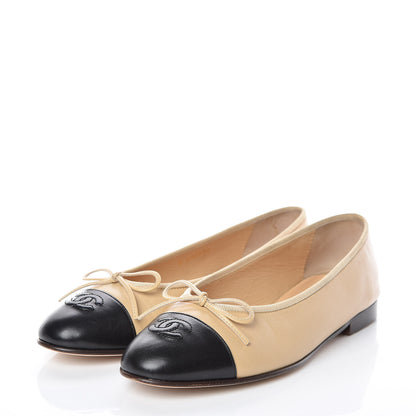 Chanel Lambskin Cap Toe CC Ballerina Flats 39 Beige Black 3 of 12