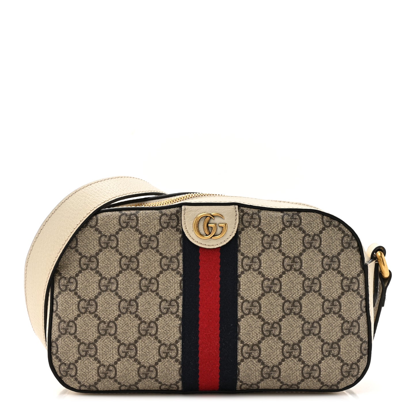GG Supreme Monogram Textured Calfskin Web Small Ophidia Camera Bag Beige Ebony Mystic White
