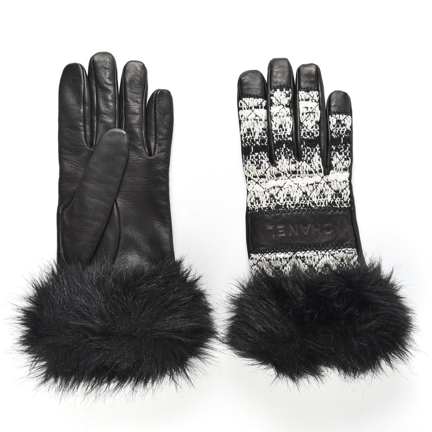 Lambskin Fur Tweed CC Gloves 7.5 Black
