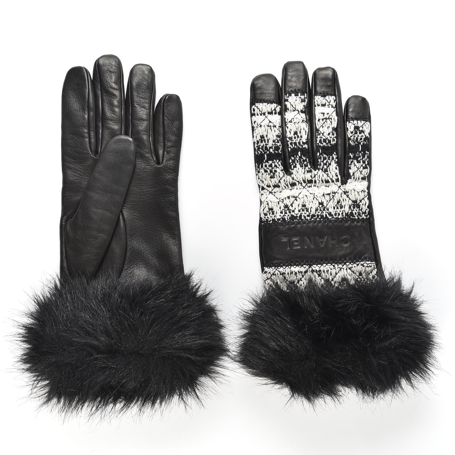 Chanel Lambskin Fur Tweed CC Gloves 7.5 Black 2 of 4