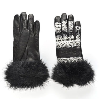 Chanel Lambskin Fur Tweed CC Gloves 7.5 Black 2 of 4