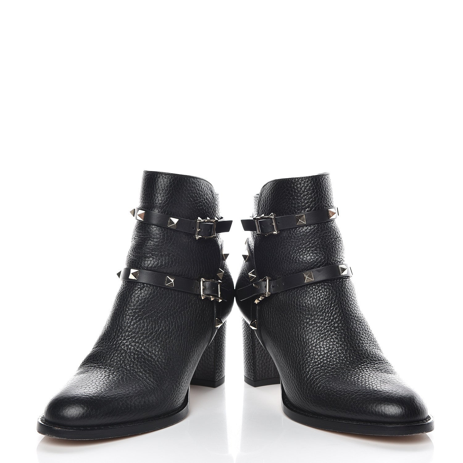 Valentino Garavani Pebbled Calfskin Rockstud Double Buckle 70mm Block Heel Ankle Boots 36.5 Black 6 of 13