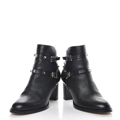 Valentino Garavani Pebbled Calfskin Rockstud Double Buckle 70mm Block Heel Ankle Boots 36.5 Black 6 of 13