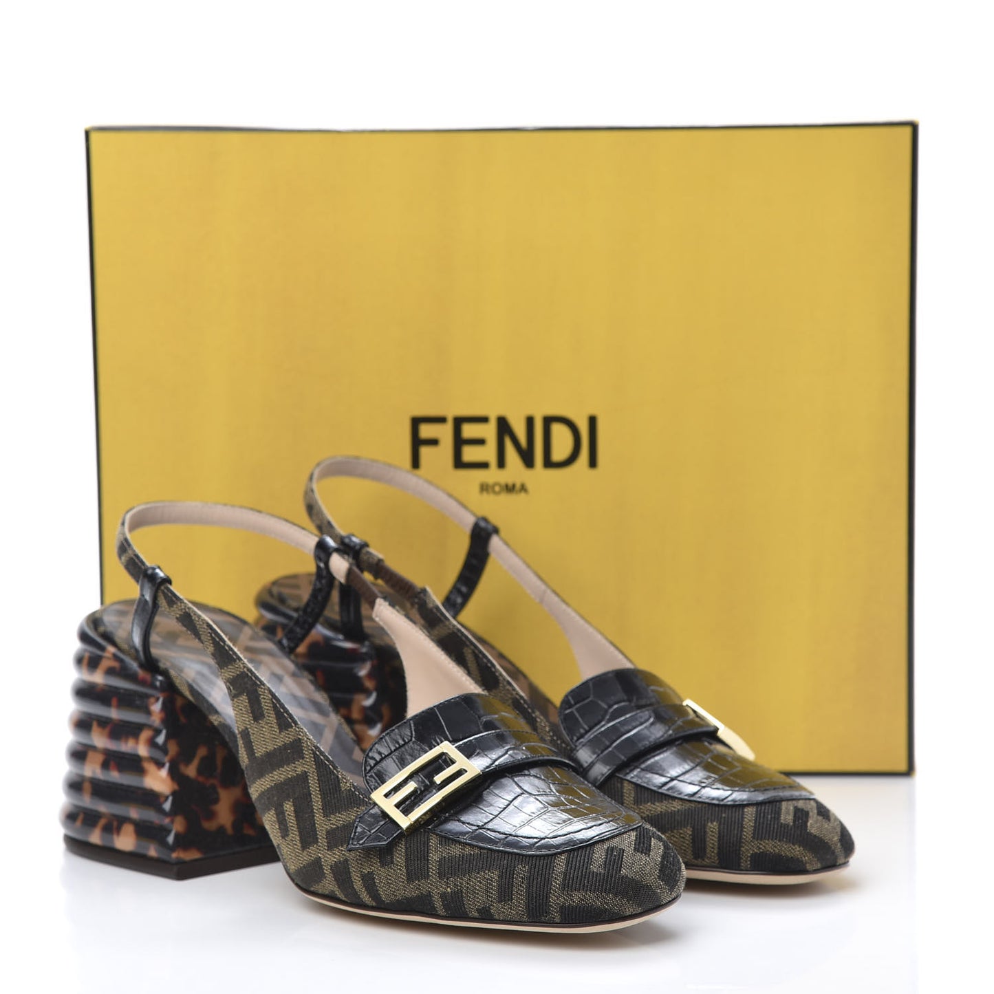 Jacquard Calfskin FF Tortoise Promenade Slingback Loafer Pumps 40 Tobacco