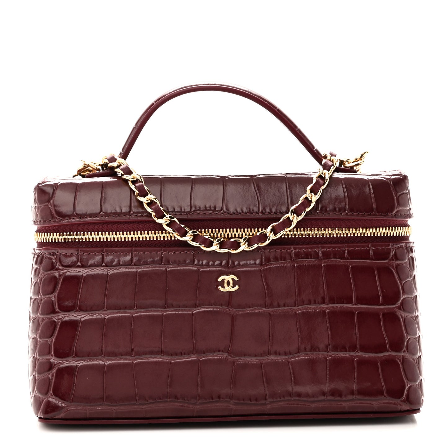 Calfskin Crocodile Embossed Crococo Top Handle Slim Vanity Case With Chain Dark Burgundy