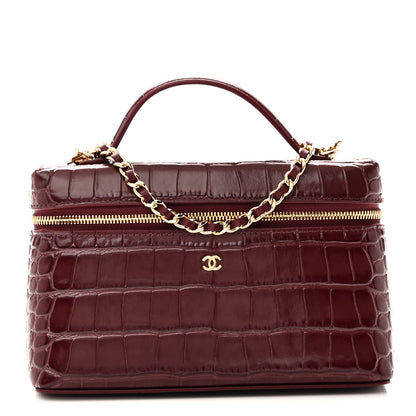 Chanel Calfskin Crocodile Embossed Crococo Top Handle Slim Vanity Case With Chain Dark Burgundy 1 of 11