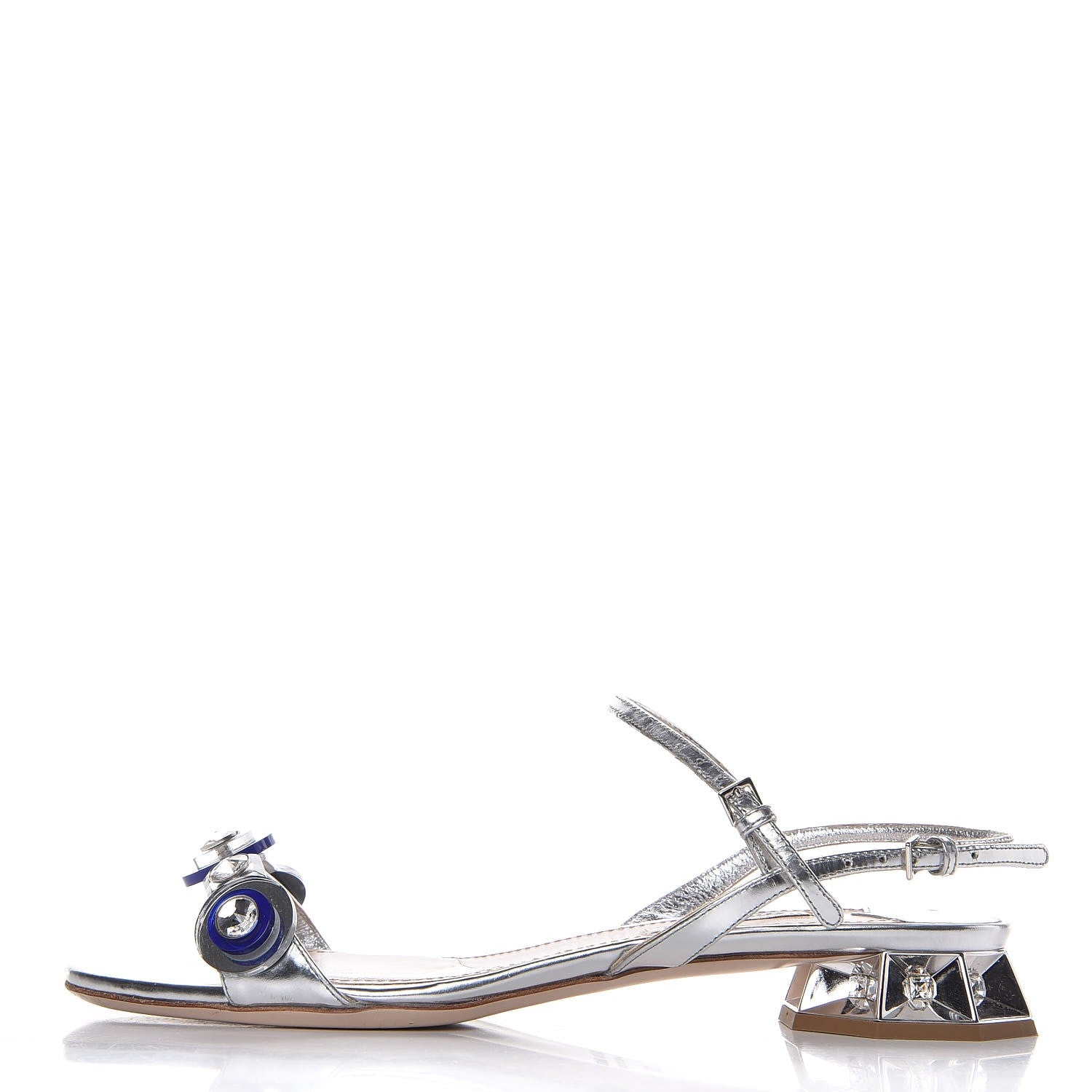 Miu Miu Metallic Calfskin Crystal Jeweled Sandals 36 Silver 1 of 12