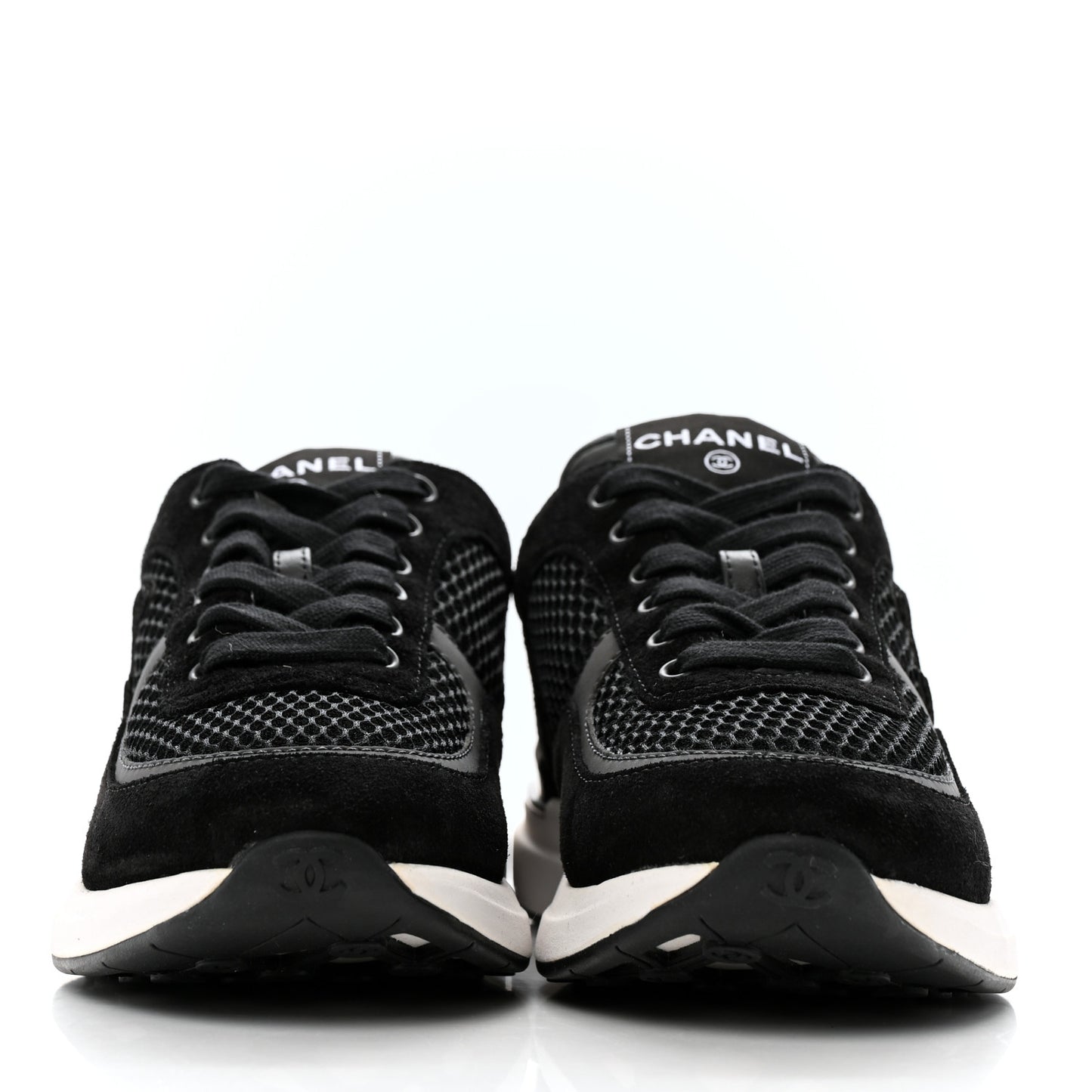 Mesh Suede Calfskin Fabric CC Womens Sneakers 37.5 Black