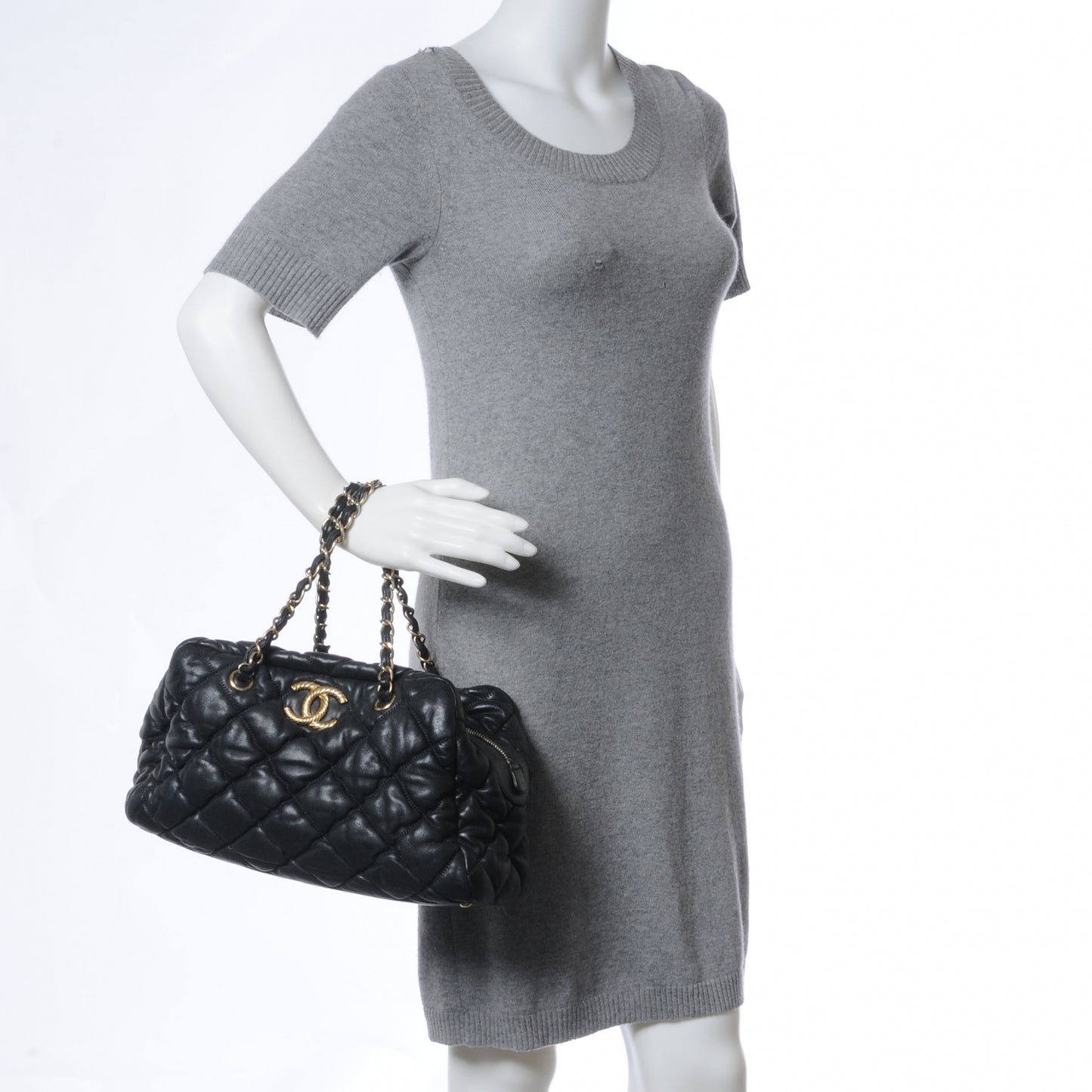 Lambskin Large Bubble Quilt Bowler Black