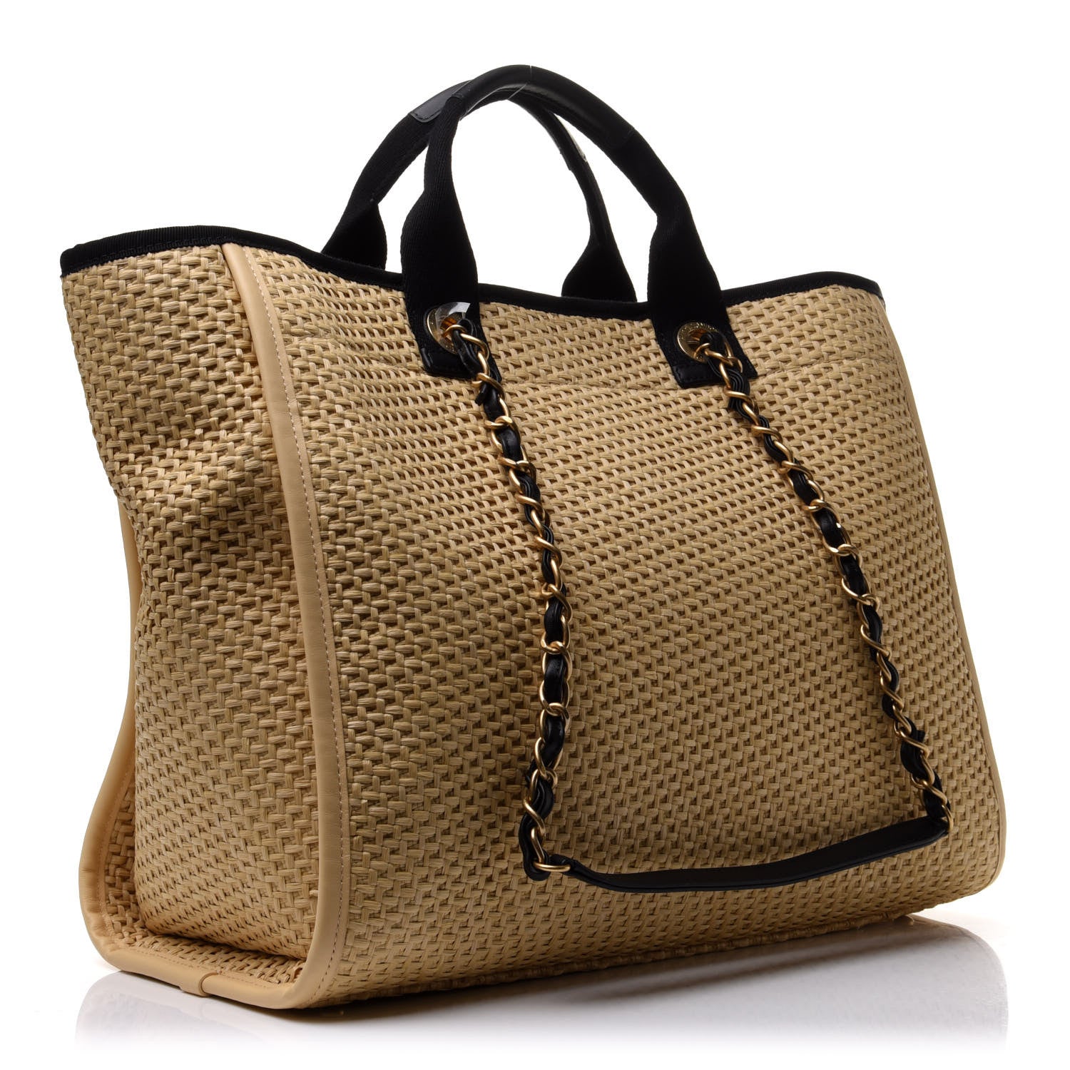 Chanel Straw Raffia Calfskin Chain Medium Deauville Tote Beige Black 4 of 17