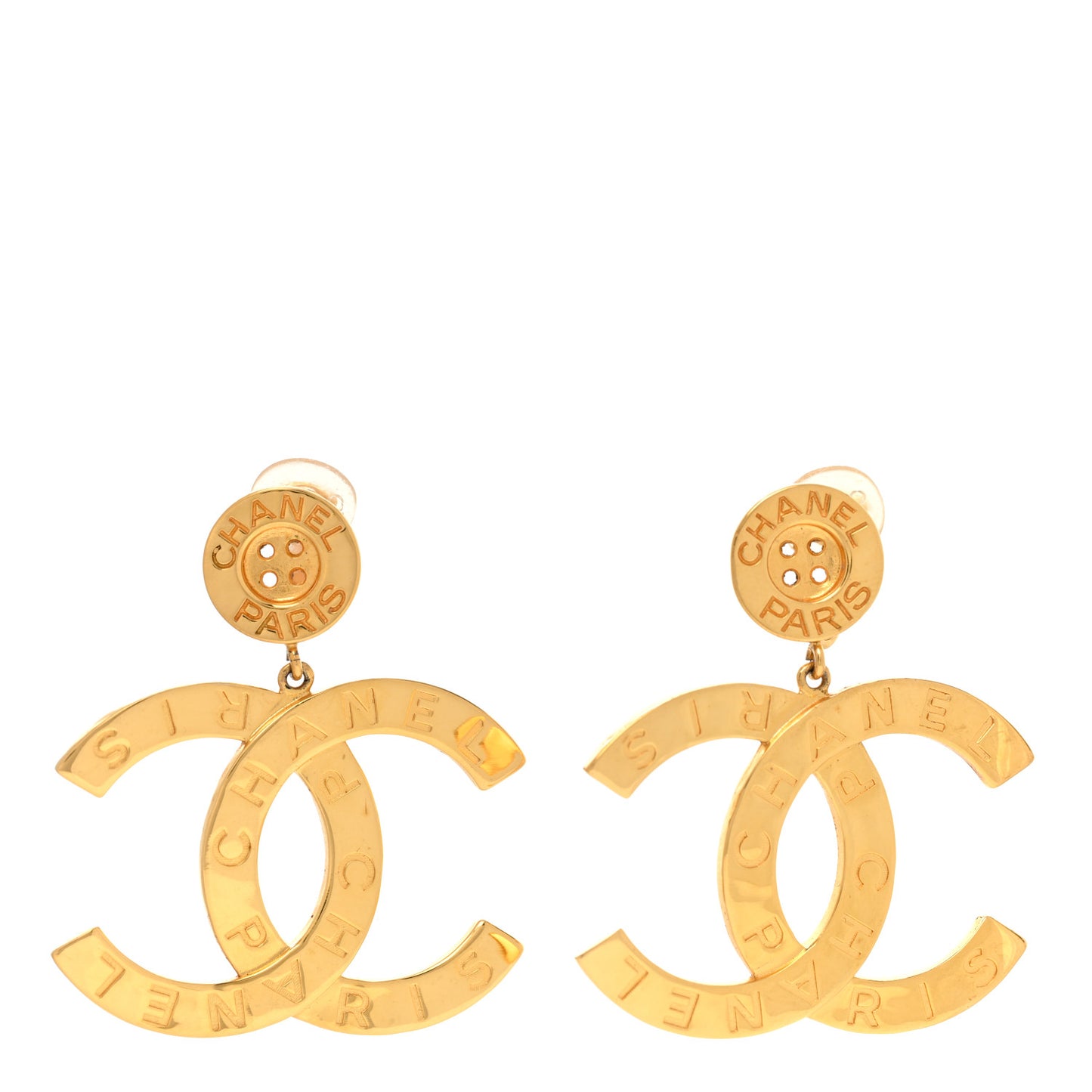 Metal Large Paris Button Clip On Earrings Gold