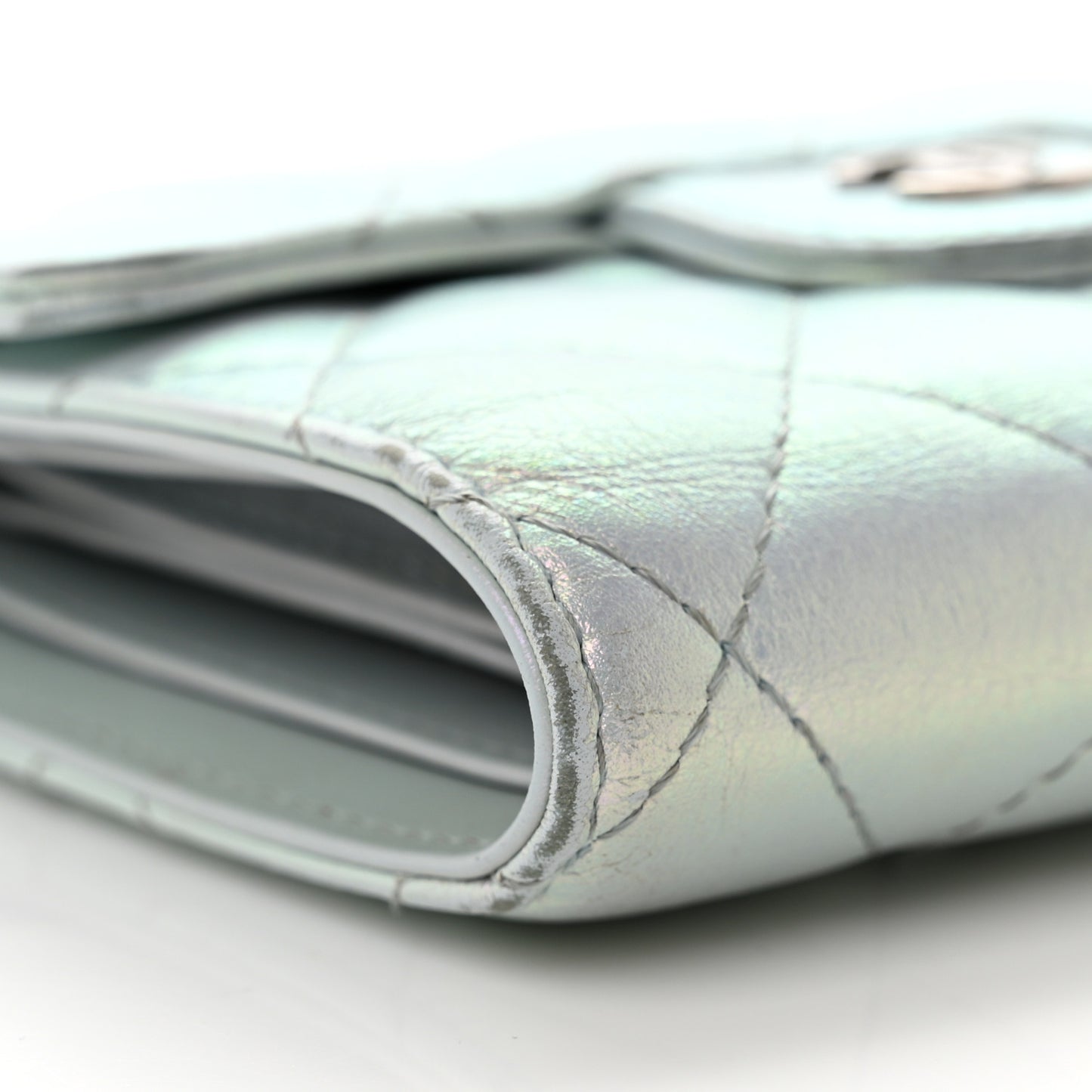 Iridescent Calfskin Quilted Compact Flap Wallet Light Blue