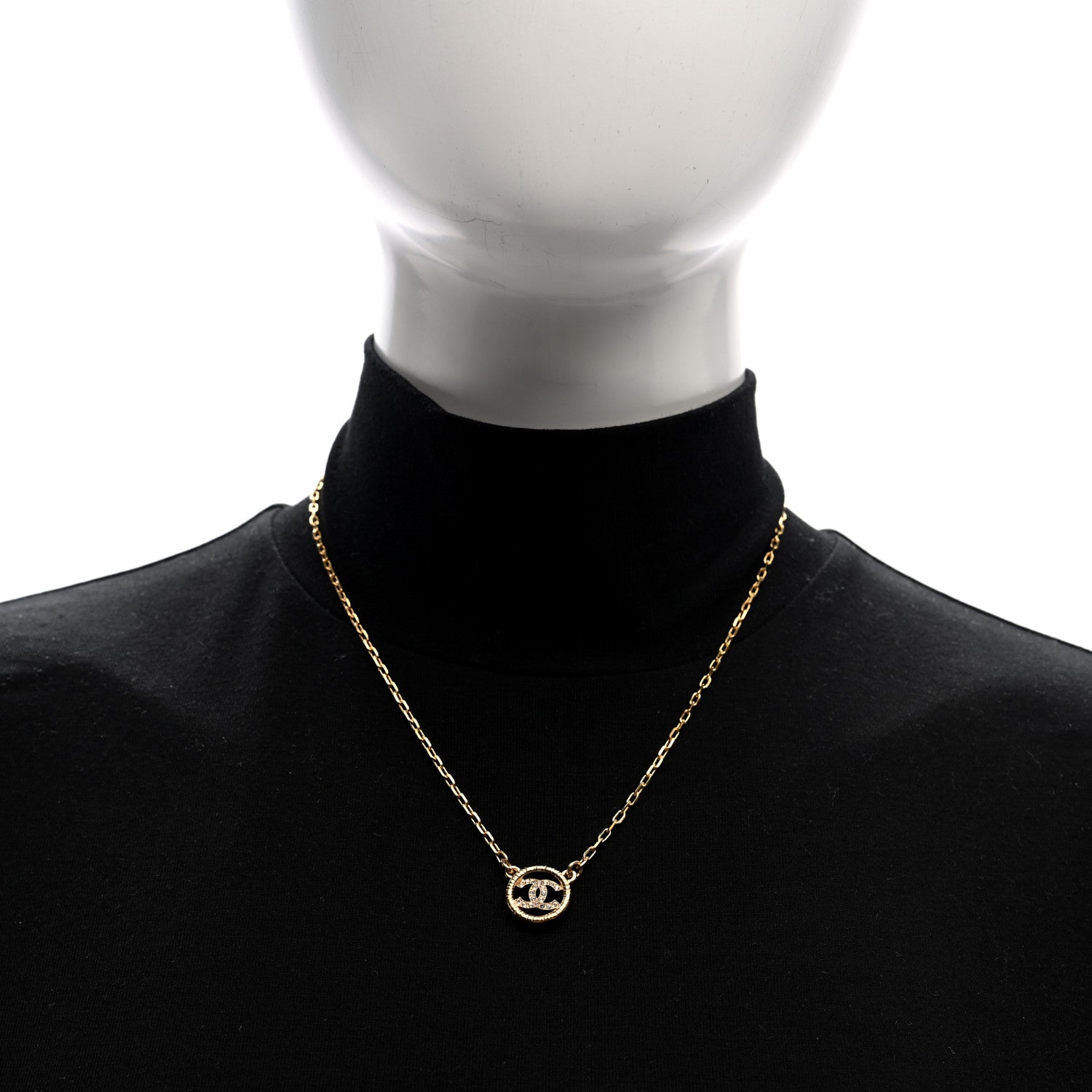 Chanel Crystal Metal CC Round Pendant Necklace Gold 2 of 5