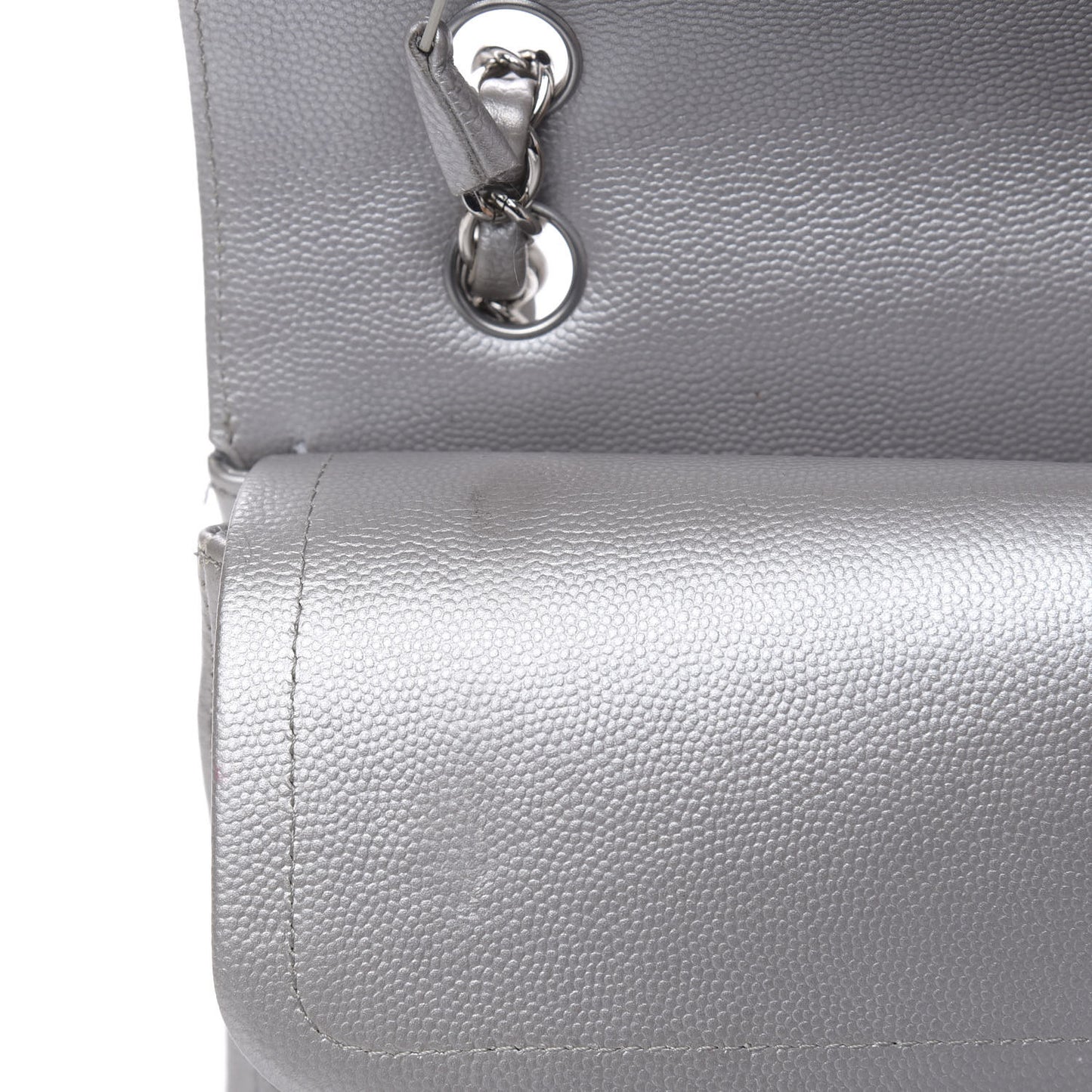 Metallic Caviar Chevron Quilted Medium Double Flap Silver