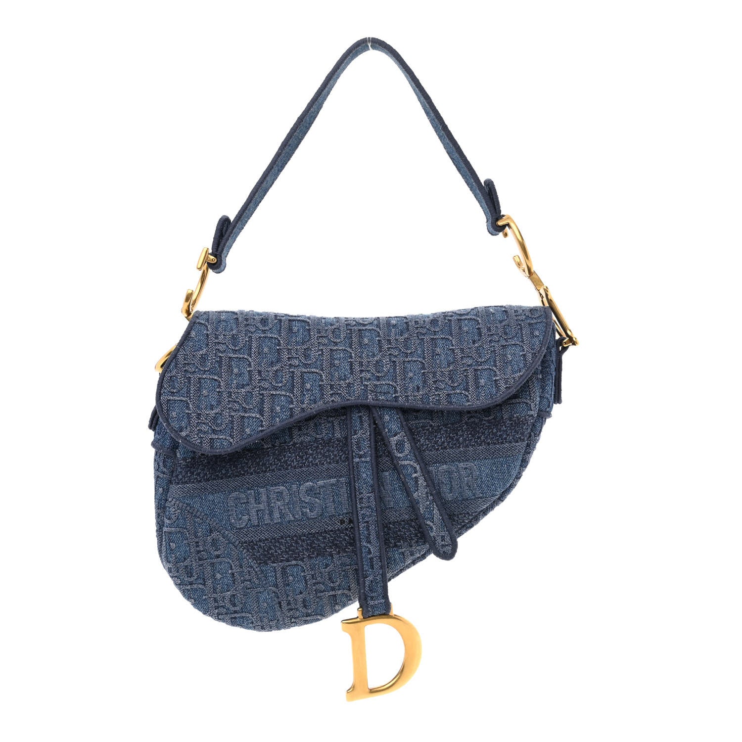 Christian Dior Oblique Embroidered Saddle Bag Denim Blue 1 of 11