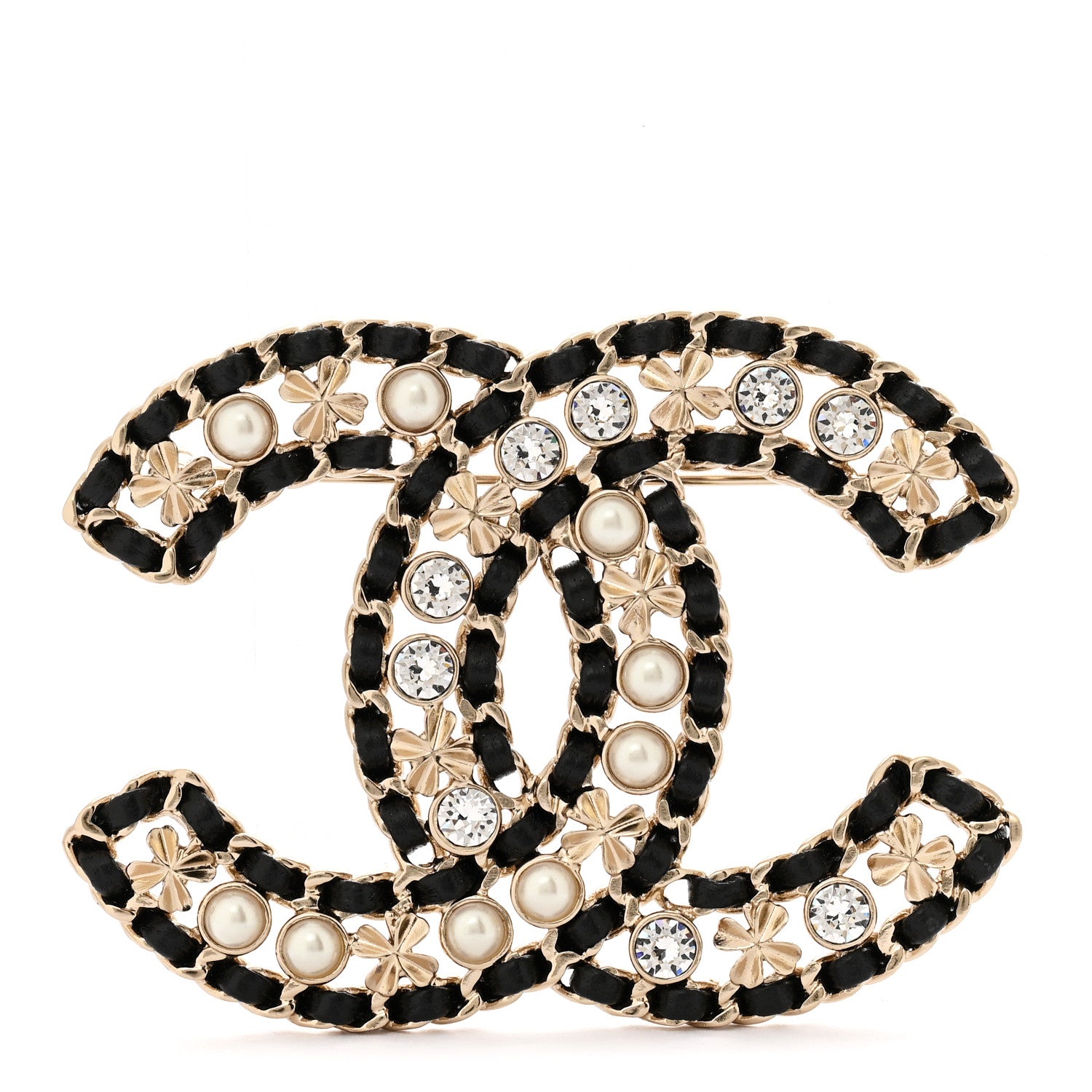 Chanel Lambskin Pearl Crystal CC Brooch Gold Black 1 of 4