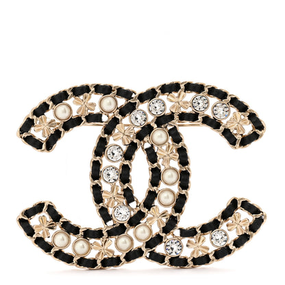 Chanel Lambskin Pearl Crystal CC Brooch Gold Black 1 of 4
