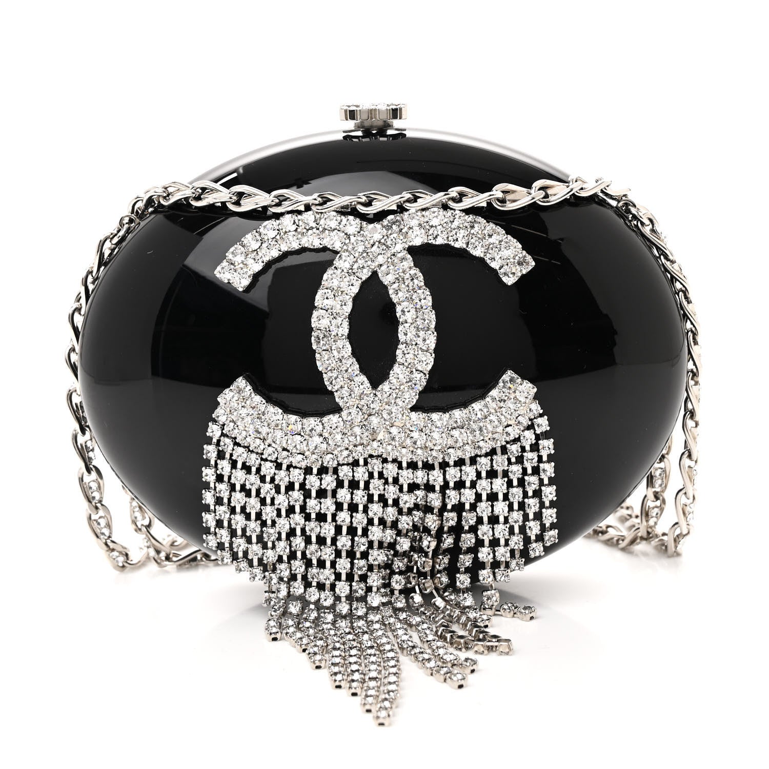 Chanel Resin Crystal Chain Fringe CC Oval Minaudiere Black 1 of 12