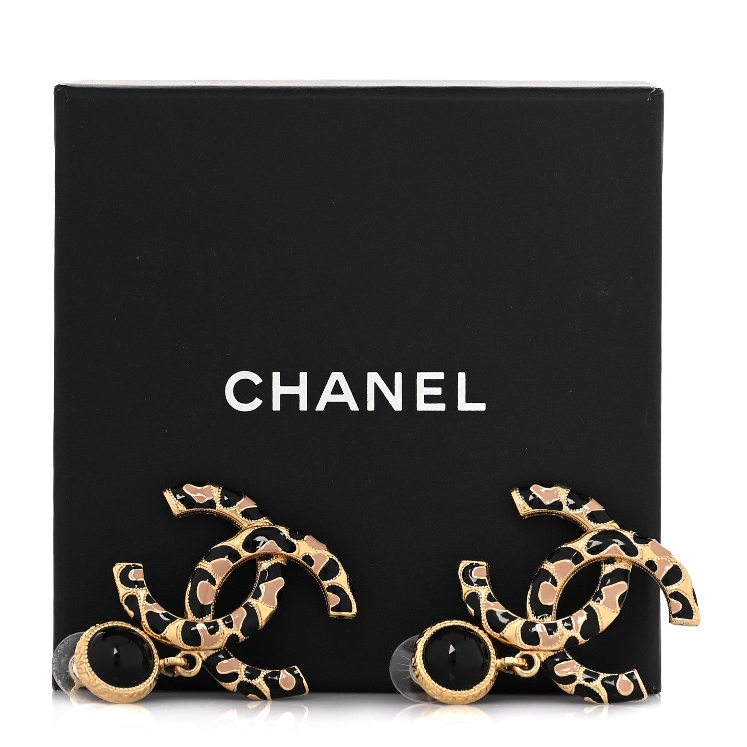 Chanel Metal Leopard Print CC Earrings Gold Black Beige 5 of 5