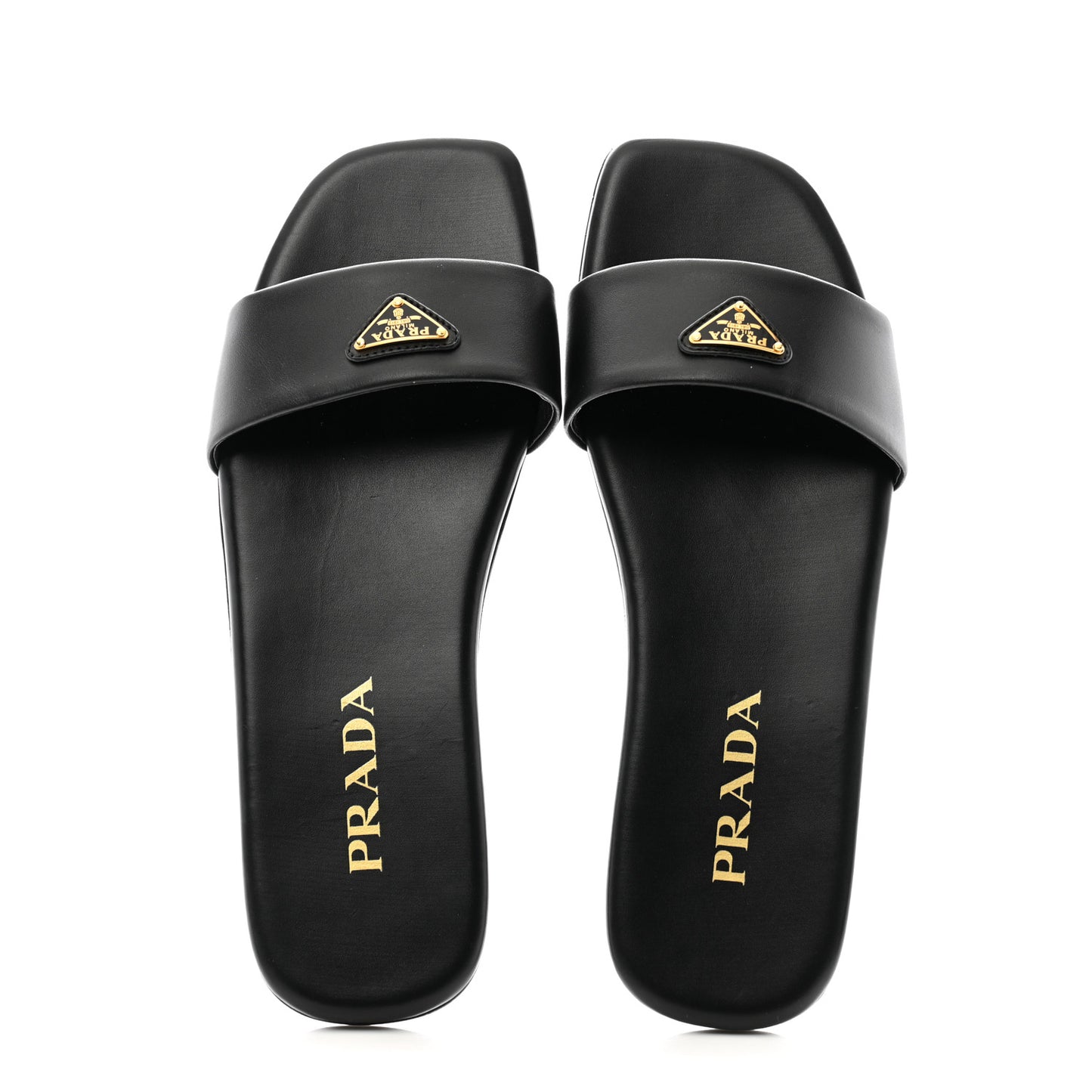 Nappa Metal Triangle Logo Flat Slide Sandals 37 Black