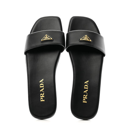 Prada Nappa Metal Triangle Logo Flat Slide Sandals 37 Black 2 of 8