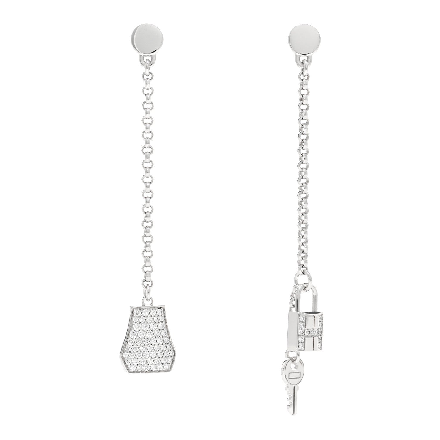 Hermes 18K White Gold Diamond Kelly Clochette Drop Earrings 1 of 5