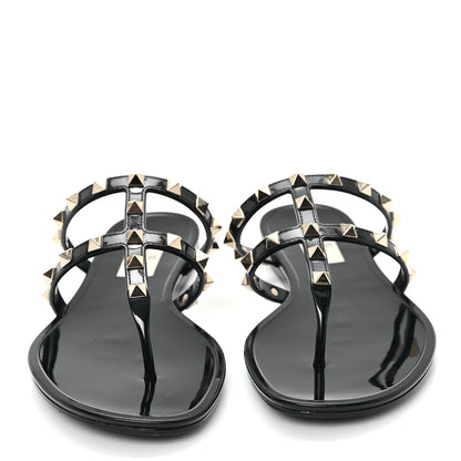 Valentino Garavani PVC Jelly Rockstud Caged Flat Thong Sandals 38 Black 3 of 8