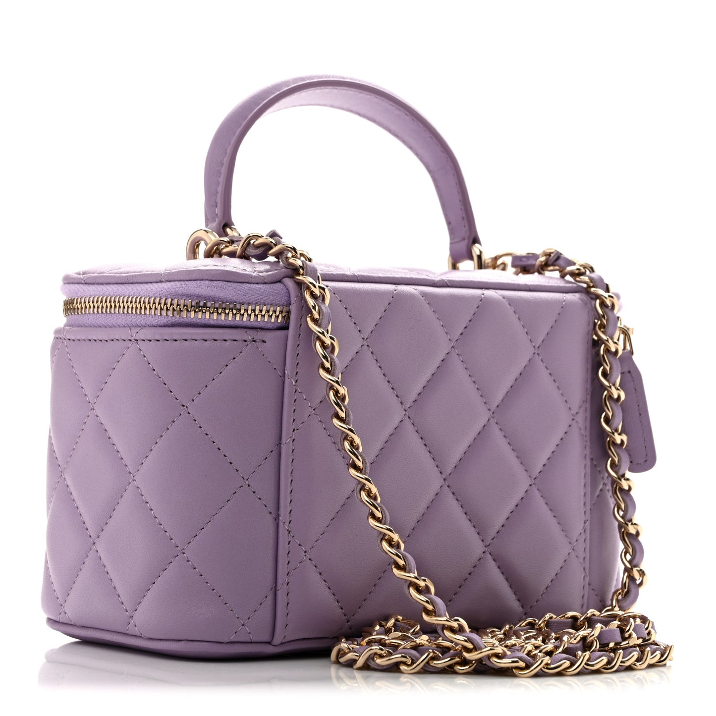 Lambskin Quilted Small Top Handle Vanity Case With Chain Light Purple