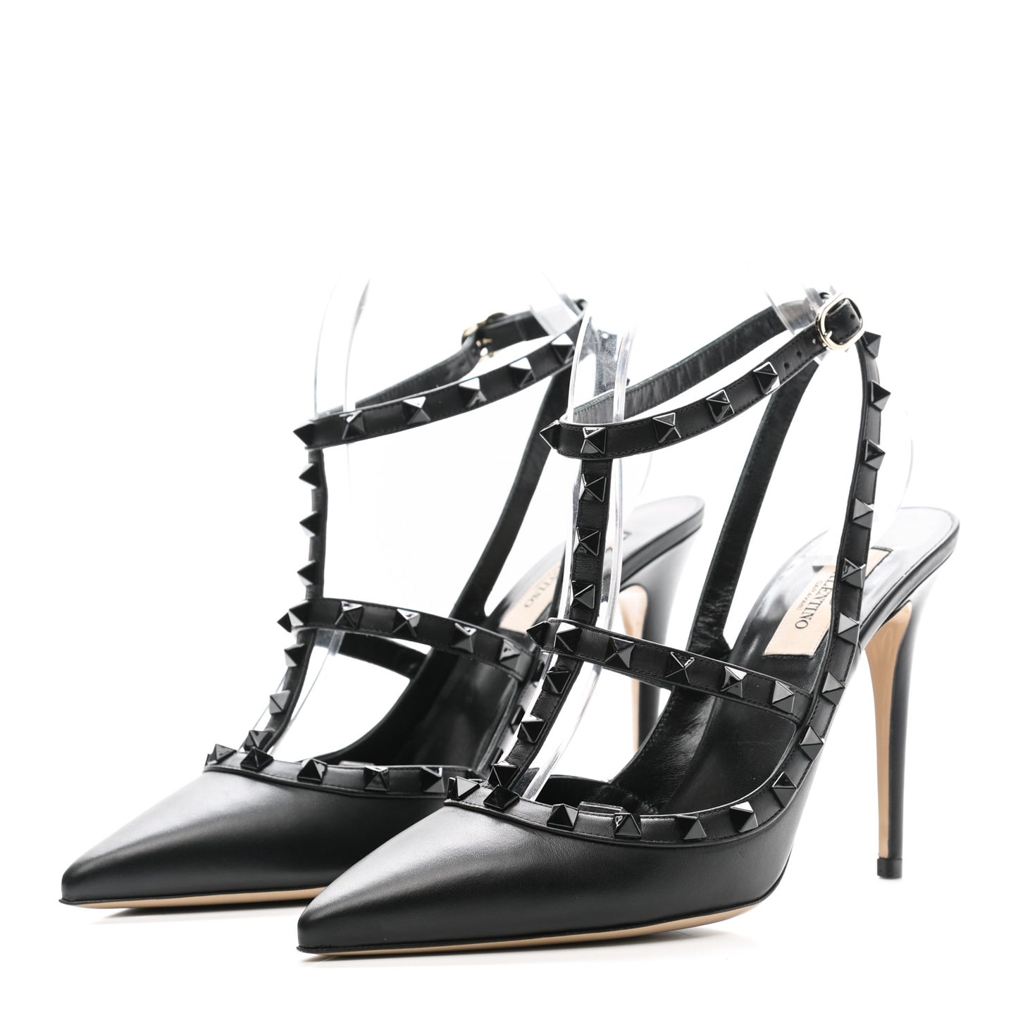 Calfskin Lacquered Monochrome Rockstud Ankle Strap 100mm Pumps 40 Black