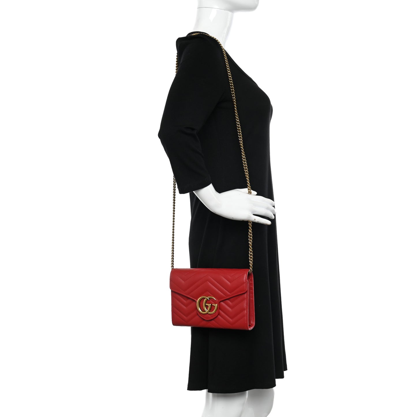 Calfskin Matelasse GG Marmont Chain Wallet Hibiscus Red