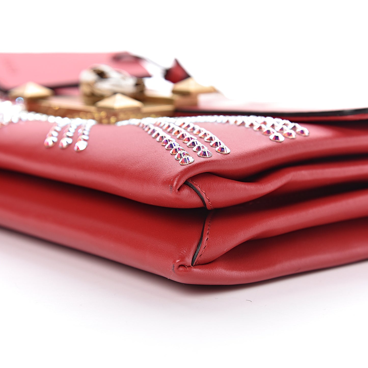 Calfskin Crystal Embellished Loved Shoulder Bag Red