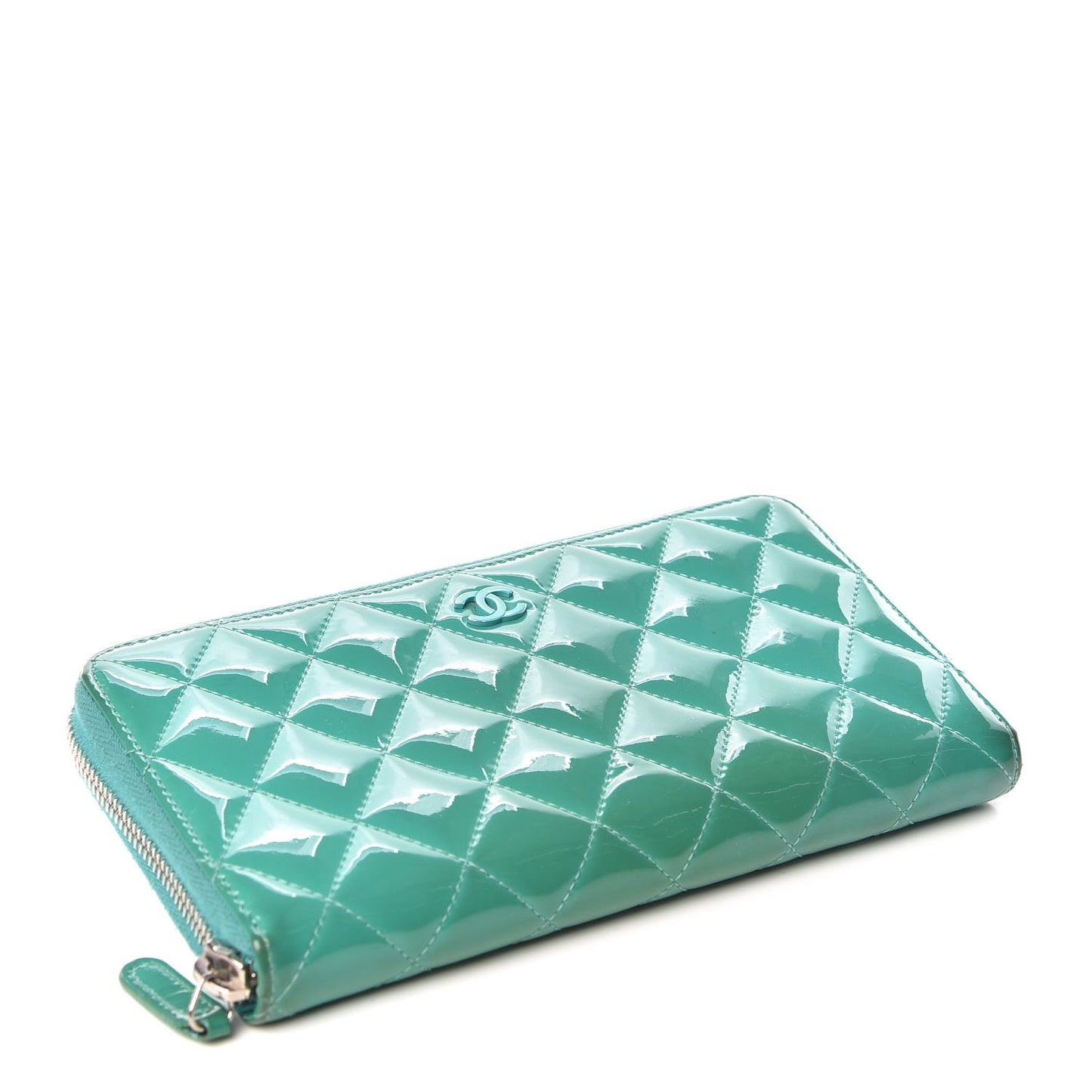 Patent Calfskin Quilted Large Gusset Zip Around Wallet Green