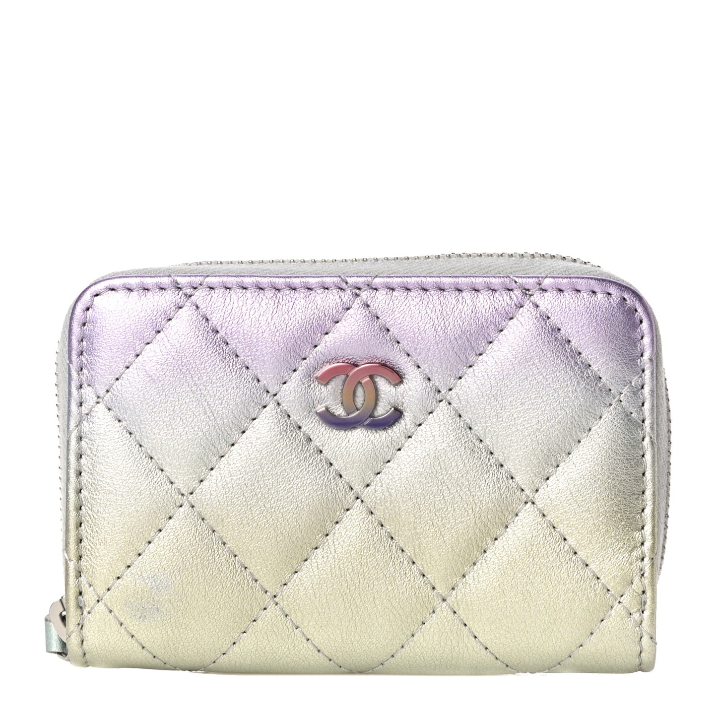 Gradient Metallic Calfskin Quilted Zip Around Coin Purse Wallet Silver Blue Yellow Purple