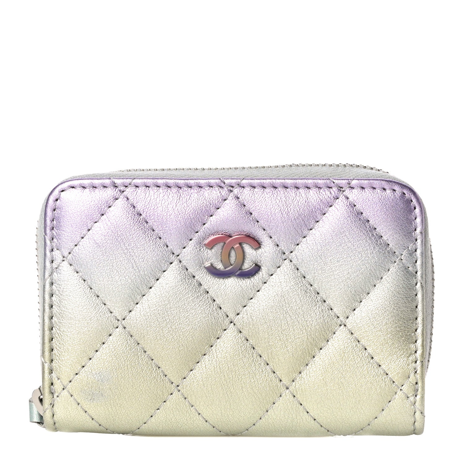 Chanel Gradient Metallic Calfskin Quilted Zip Around Coin Purse Wallet Silver Blue Yellow Purple 1 of 11