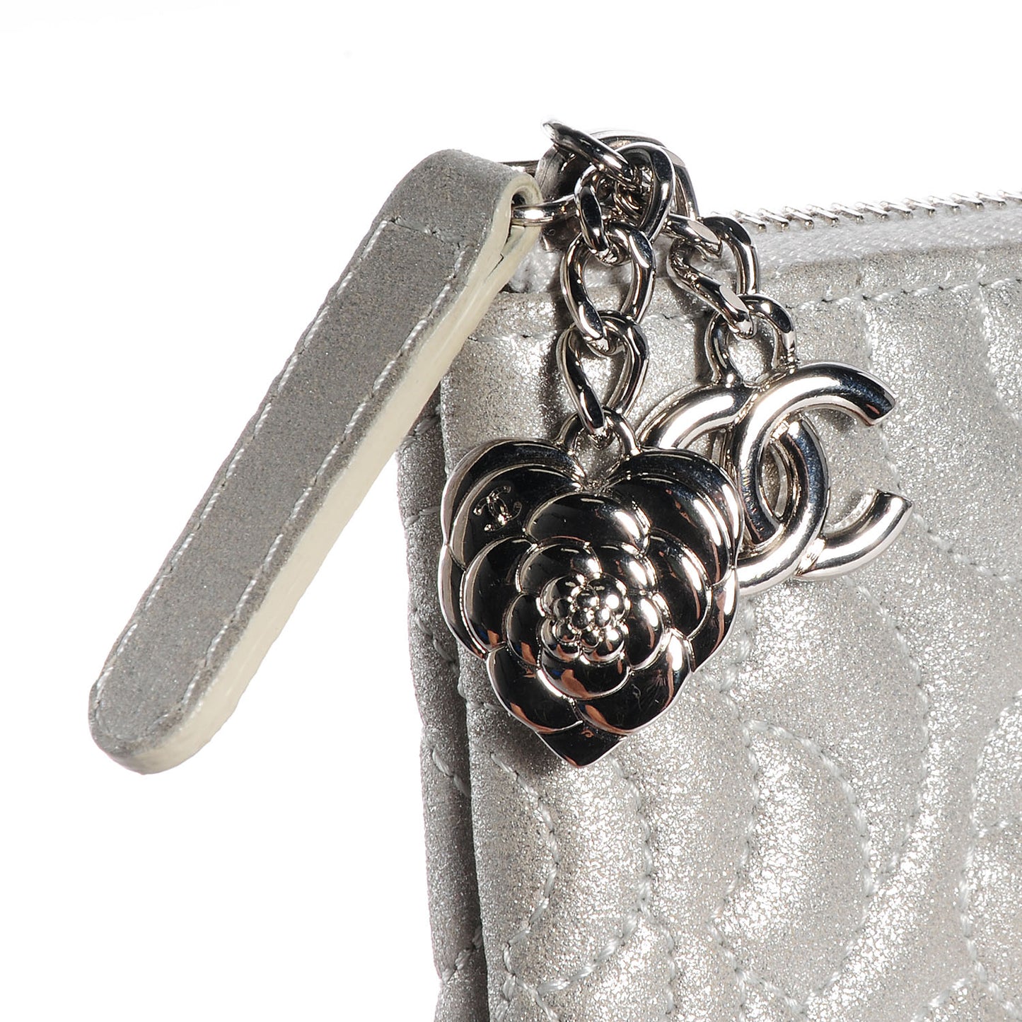 Goatskin Camellia Stitched Medium Cosmetic Case Silver