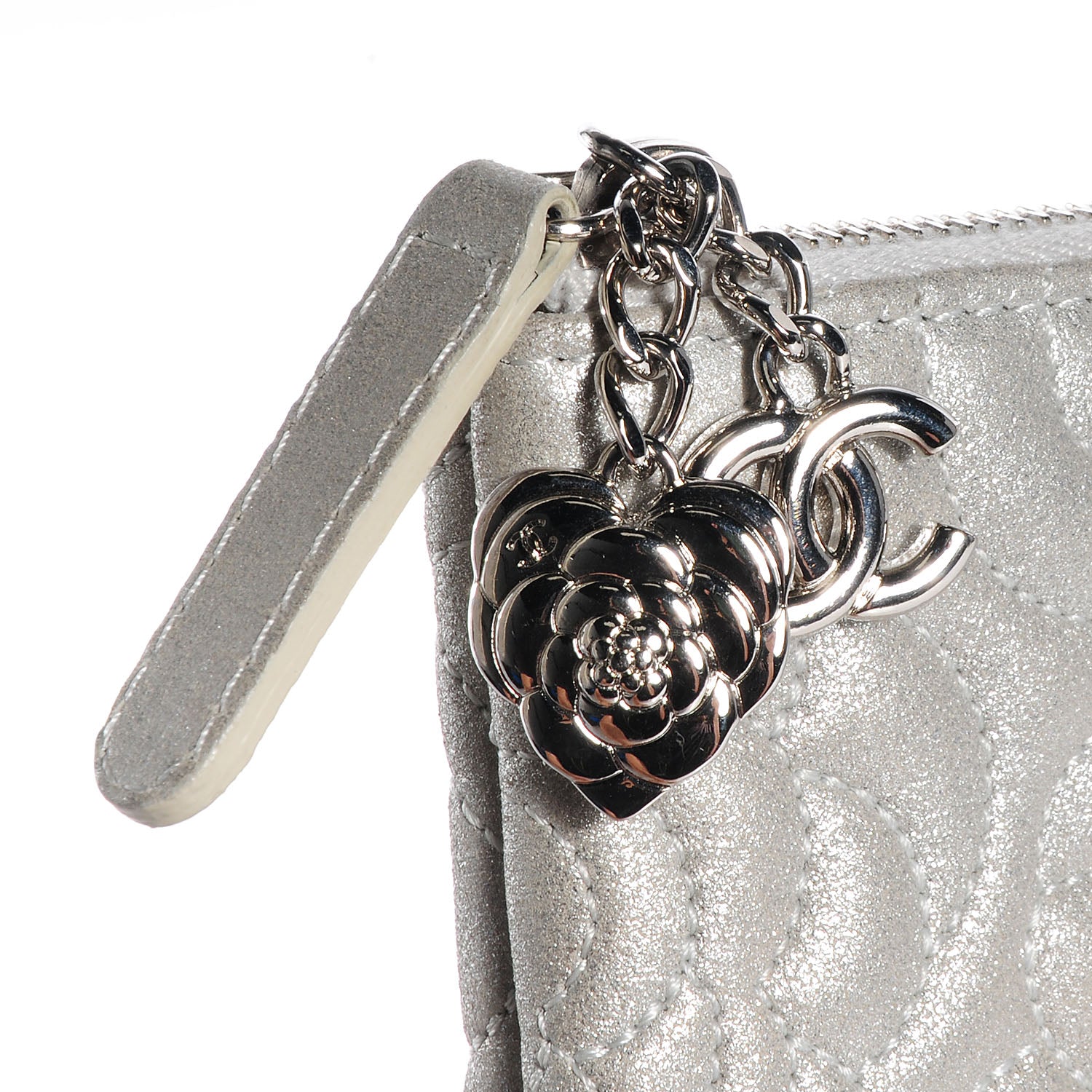 Chanel Goatskin Camellia Stitched Medium Cosmetic Case Silver 8 of 9