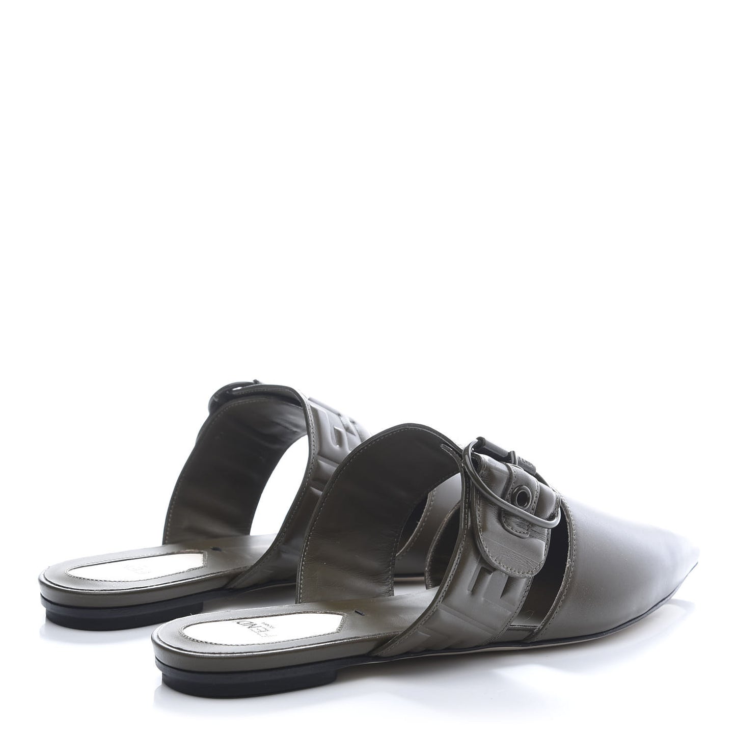 Vitello FF Embossed Buckle Flat Mules 37.5 Wood