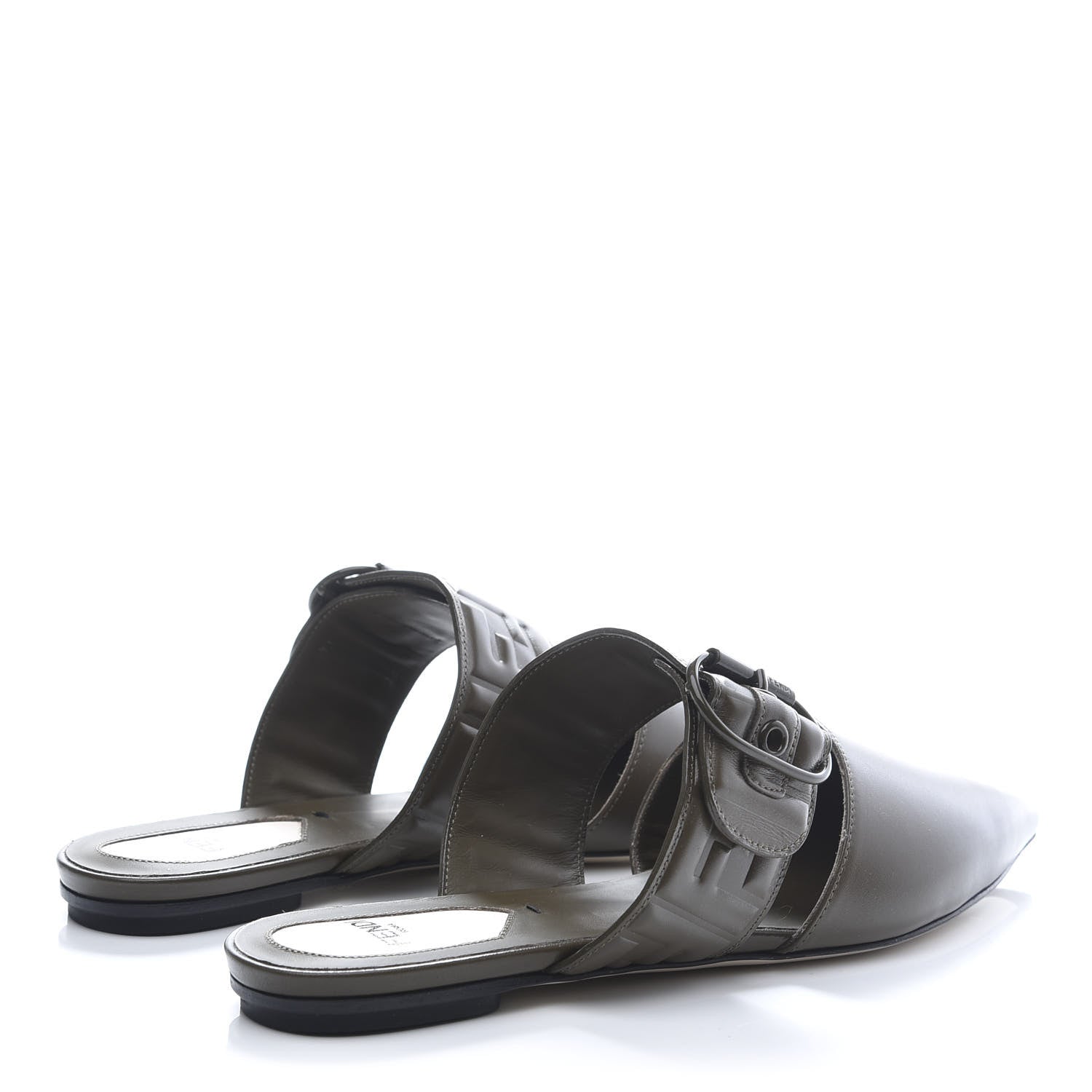Fendi Vitello FF Embossed Buckle Flat Mules 37.5 Wood 4 of 8