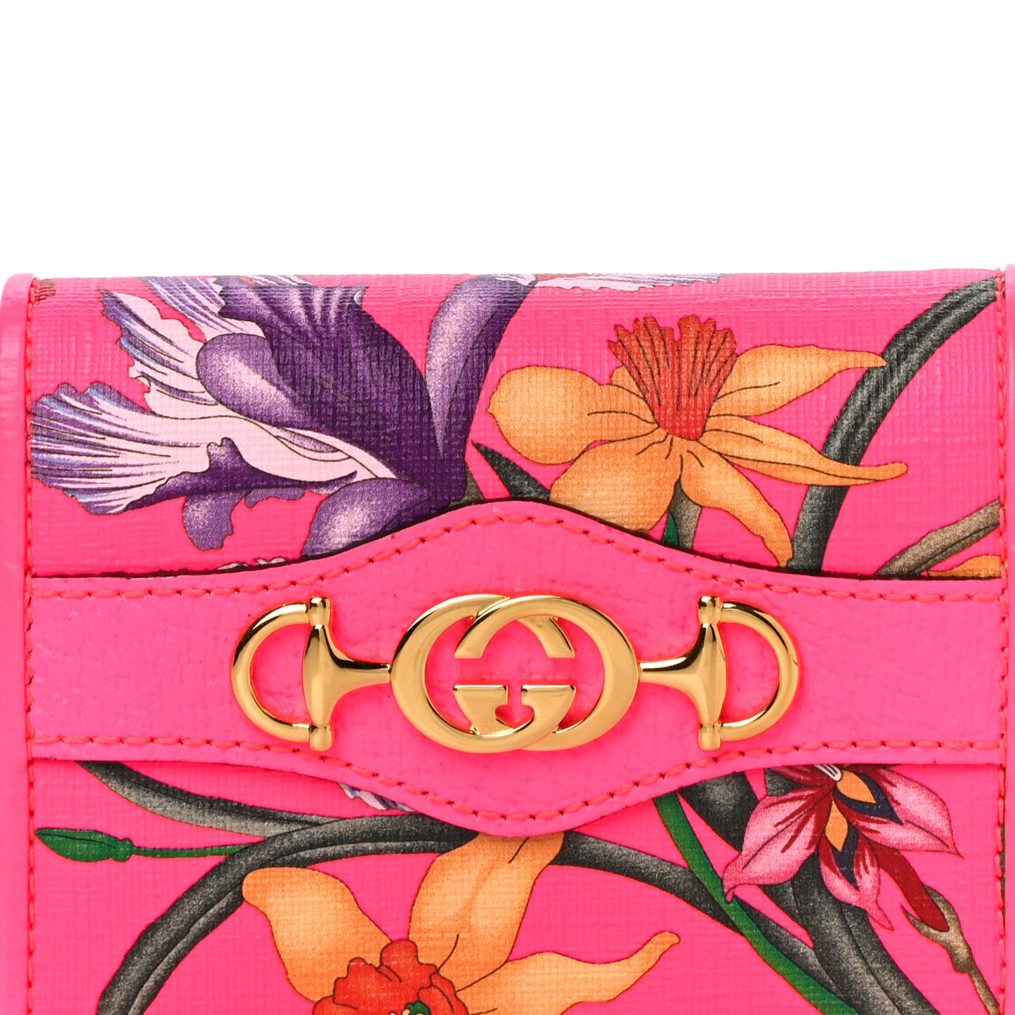 Calfskin Flora Print Zumi Card Case Fuxia Fluo
