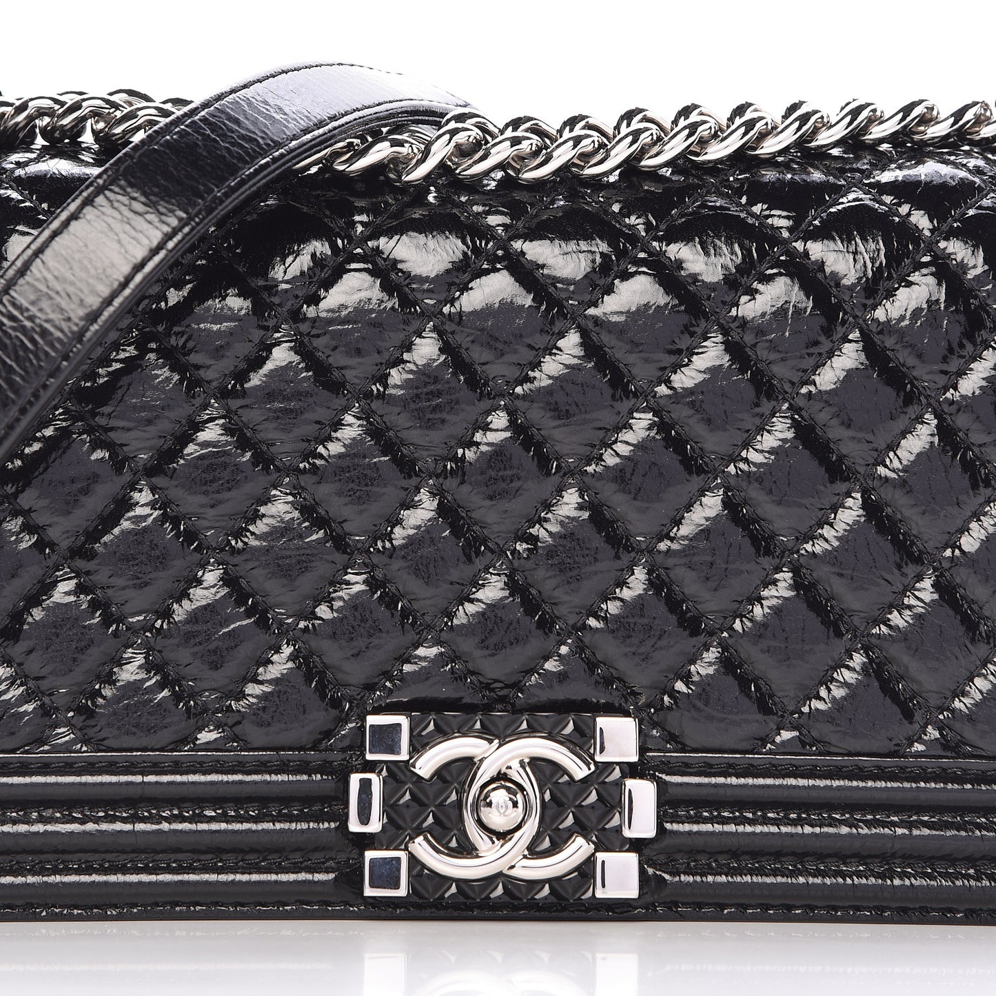 Distressed Patent Quilted Medium Boy Flap Black